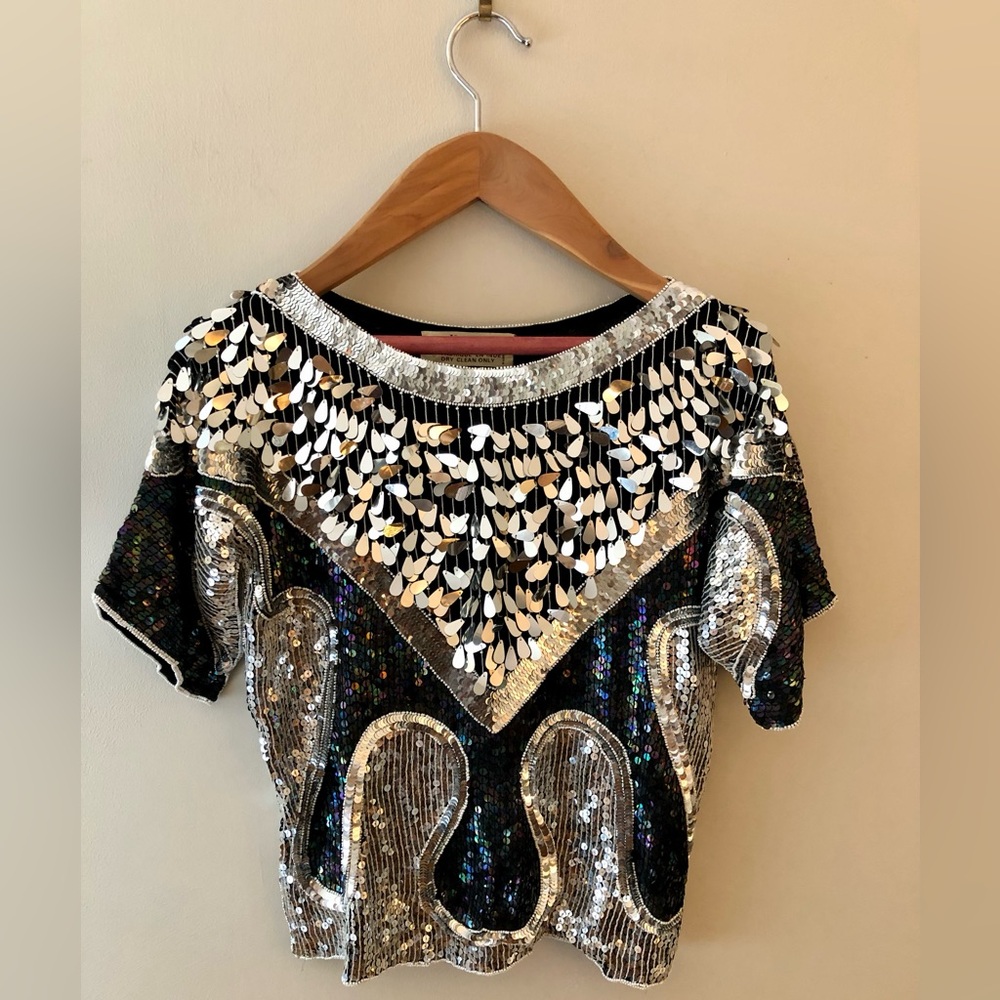 Vintage Kavita Silver & Black Iridescent Sequin Top S/M 100% Pure Silk backing